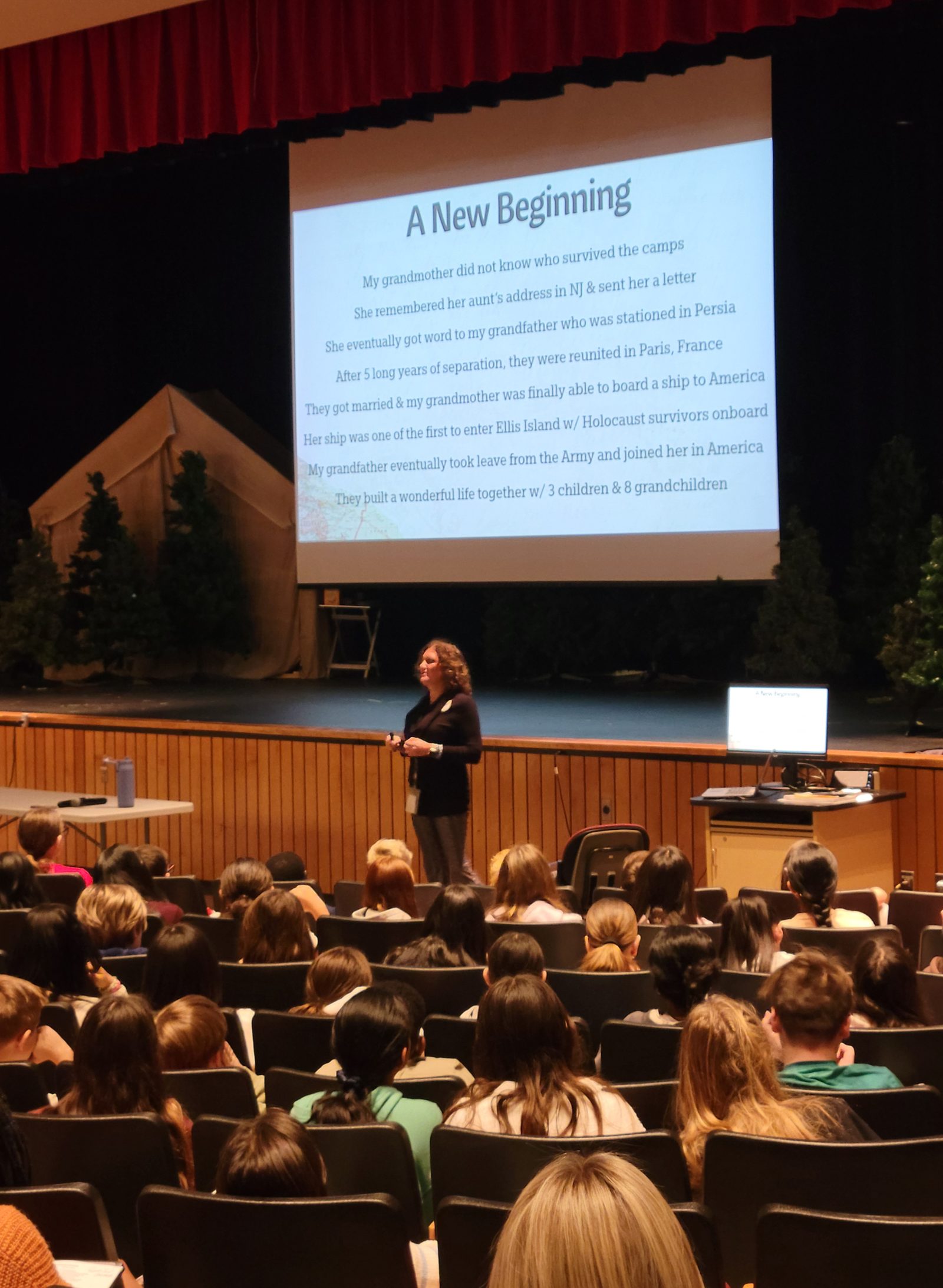 Caren Lowrey speaking to students at a Parkland-area school assembly
