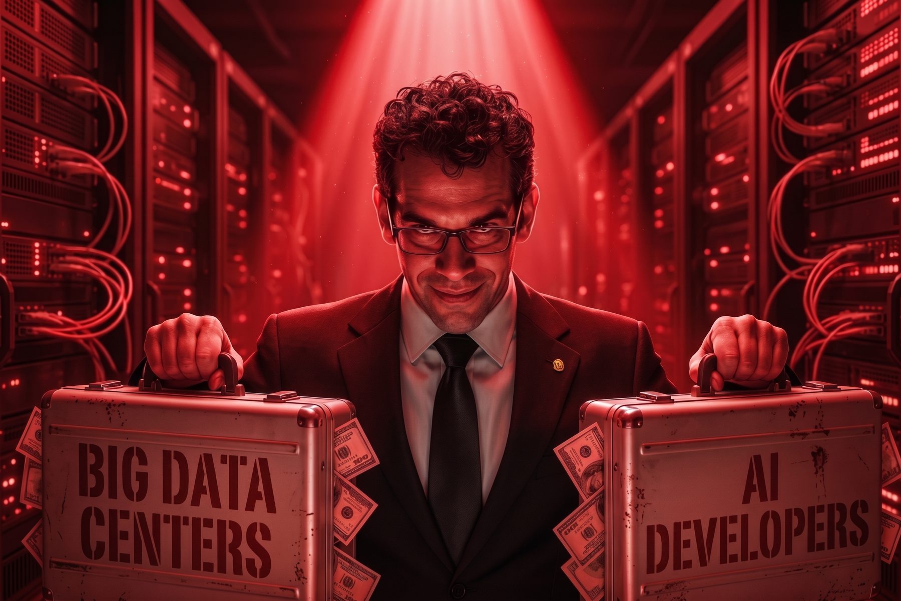 Editorial illustration depicting Mike Schlossberg's campaign as bankrolled by data center and AI industry money